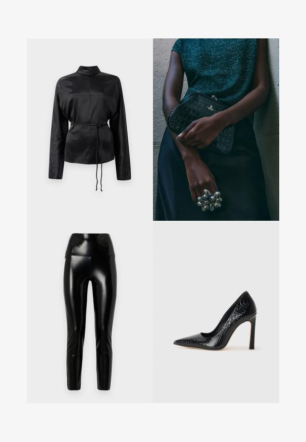 Juodas satino ilgomis rankovėmis marškiniai su aukštu apykakle, susiaurinta juosmens dalimi ir reguliuojamo raiščio detalėmis. Lygus paviršius su blizgiu apdaila.; Juodos dirbtinės odos legginsai su aukštu liemeniu, lygaus paviršiaus, siaurėjantys į apačią, ir blizgiu paviršiumi. Nėra matomų siūlių ar puošmenų.; Juoda smailiakulnė aukšto kulno bateliai su krokodilo odos tekstūra, pasižymintys elegantišku dizainu, aukštu stiletu kulnu ir lygia juoda vidine dalimi.; Juodas krokodilo odos rašto vakarėlis su sidabriniais aksesuarais, laikomas prieš tekstūruotą pilką foną. Pasižymi blizgiu paviršiumi.