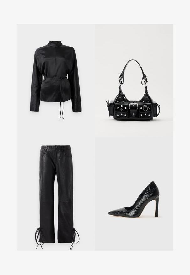 Zwarte satijnen blouse met lange mouwen en een hoge kraag, cinched taille en verstelbaar koorddetail. Glad textuur met een slanke afwerking.; Zwarte leren broeken met een licht gestructureerde afwerking, recht gesneden pijpen en verstelbare veters aan de onderkant voor een aanpasbare pasvorm.; Zwarte puntige hoge hak schoen met een krokodillenleren textuur, met een slank ontwerp, hoge stiletto-hak, en een gladde zwarte binnenkant.; Zwarte lederen handtas met een gebogen ontwerp, voorzien van zilveren studs, een gesp en twee zijvakken. Verstelbare schouderband voor verschillende draagmogelijkheden.