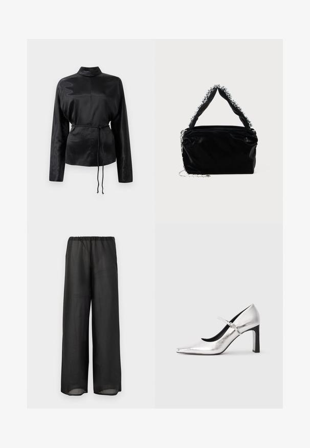 Schwarzes Satin-Hemd mit langen Ärmeln, hohem Kragen, tailliertem Schnitt und verstellbarem Kordelzug. Glatte Textur mit elegantem Finish.; Schwarze weit geschnittene Hose aus leichtem, halbtransparentem Stoff mit elastischem Bund. Das Design zeichnet sich durch eine fließende und entspannte Silhouette aus.; Silberner Mary Jane Schuh mit hohen Absätzen, spitzer Zehenpartie und dünnem verstellbarem Riemen, vor einem weißen Hintergrund präsentiert.; Schwarze Handtasche aus Kunstleder mit strukturiertem Finish, ausgestattet mit einem mit Perlen verzierten silbernen Akzent am oberen Griff und einem Kettenriemen.