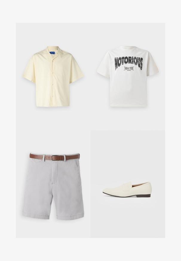 Jack & Jones JORBOXY SHIRT - Košile - antique white; Bílý bavlněný tričko s krátkým rukávem, které obsahuje výrazný černý grafický text "NOTORIOUS" a design "WORLD TOUR 1990" níže v opotřebovaném tisku.; Světle šedé šortky vyrobené z bavlněné směsi, obsahující hnědý kožený pásek, boční kapsy a volný střih.; Světlé béžové mokasíny s špičatou špičkou, hladkým materiálem, páskem přes nárt a nízkou hnědou podrážkou. Jednoduchý design s minimálními akcenty.