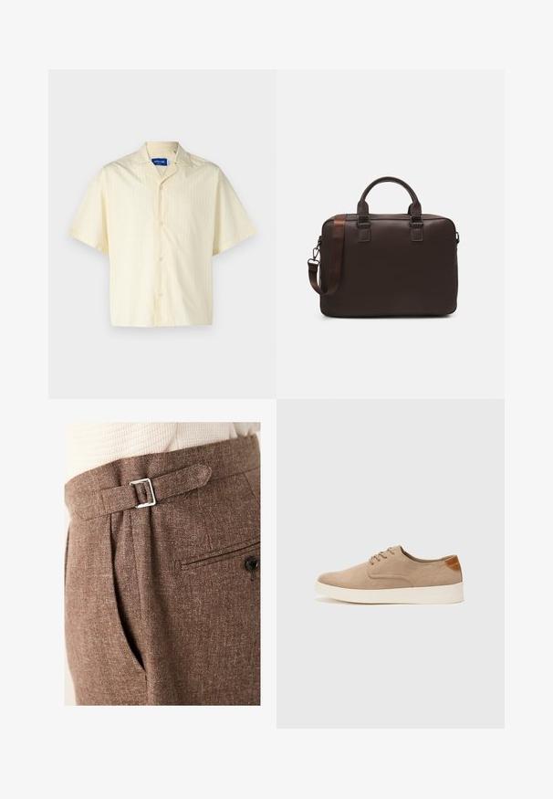 Jack & Jones JORBOXY SHIRT - Srajca - antique white; Rjave prirejene hlače iz teksturirane tkanine, ki vključujejo srebrno zaponko v pasu, pregibe in zadnji žep z gumbom.; Bež tkanine usnjene superge z zaobljenim nosom, vezalkami na sprednji strani in teksturiranim zadnjim detajlom. Belo gumijasto podplato zagotavlja kontrast. Enostaven in sodoben dizajn.; Rjava usnjena torba za prenosni računalnik z teksturirano površino, dvema zgornjima ročajema, nastavljivim trakom in dvema sprednjima sponkama za dodatne podrobnosti.