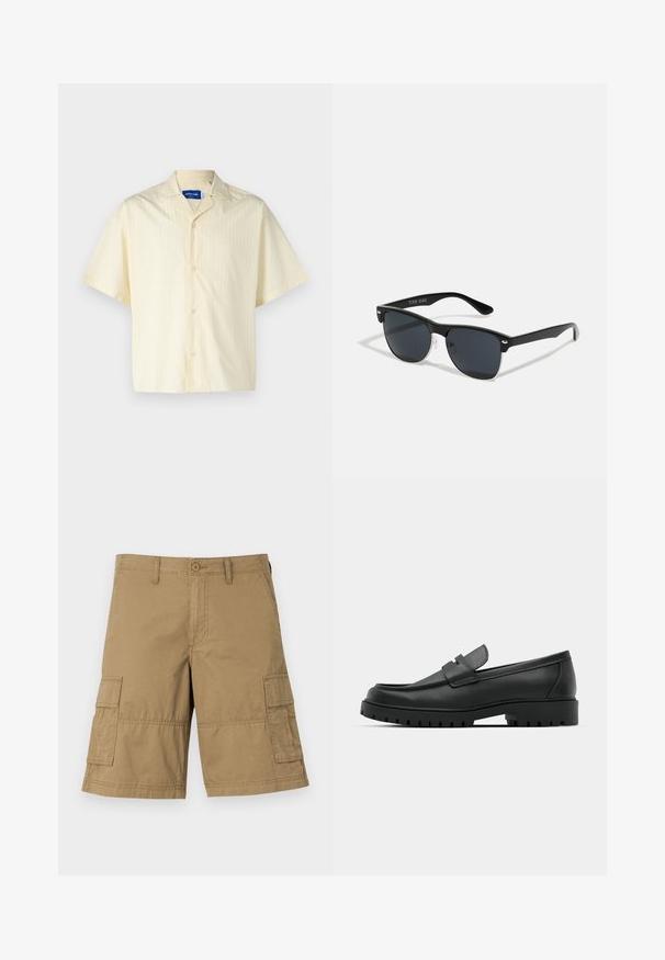 Jack & Jones JORBOXY SHIRT - Chemise - antique white; Shorts cargo en tissu kaki avec une coupe droite, dotés de deux poches latérales et d'une fermeture à bouton à la taille. Texture lisse sur l'ensemble.; Mocassins en cuir noir à bout arrondi, avec un design cousu, une semelle plateforme basse et une semelle en caoutchouc texturée et crantée.; Lunettes de soleil noires de forme rectangulaire, verres foncés, accents argentés aux tempes et finition mate sur la monture.