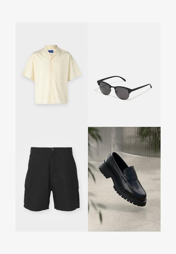 Jack & Jones JORBOXY SHIRT - Chemise - antique white; Shorts cargo noirs en tissu léger, avec deux poches latérales, une fermeture à bouton et une coupe décontractée arrivant au milieu de la cuisse.; Mocassins en cuir noir avec une semelle à crampons épaisse, dotés d'une sangle décorative et de détails de couture. Texture lisse avec une finition polie.; Lunettes de soleil noires avec des verres ronds, finition mate et une forme distinctive en œil de chat. Monture fine avec un logo discret sur la branche gauche.
