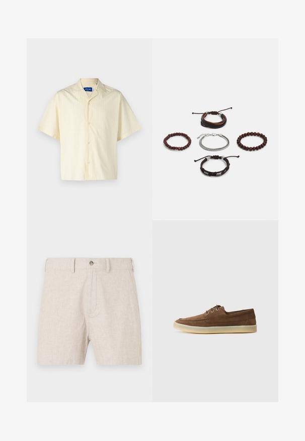 Jack & Jones JORBOXY SHIRT - Srajca - antique white; Linen hlače kratke v svetlo bež barvi, z gumbom za zapiranje in klasičnim krojem z nežno teksturo. V oblikovanju niso vidne žep.; Rjave semiš čevlje z nizkim profilom, vezavnim dizajnom, gumijastim podplatom in kontrastnim šivanjem. Preprost in funkcionalen stil.; Skup pet zapestnic, ki vključujejo rjavo usnje, lesene perle in srebrno verigo; raznolike teksture in oblike, z nastavljivimi zapiralci.