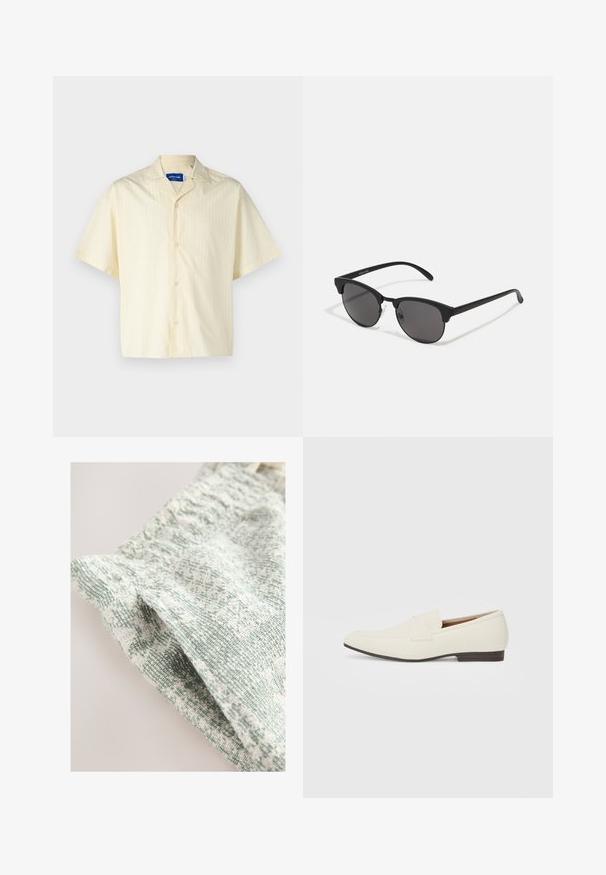 Jack & Jones JORBOXY SHIRT - Chemise - antique white; Tissu texturé avec un motif tissé dans des tons vert pâle et blanc. Présente une sensation douce et légère avec un motif subtil.; Mocassins beige clair avec un bout pointu, en matériau lisse, une sangle sur le devant et une semelle basse marron. Design simple avec des accents minimalistes.; Lunettes de soleil noires avec des verres ronds, finition mate et une forme distinctive en œil de chat. Monture fine avec un logo discret sur la branche gauche.; Collier en perles blanches avec une forme ronde uniforme, surface lisse et fermoir en métal avec une chaîne d'extension pour une longueur ajustable.
