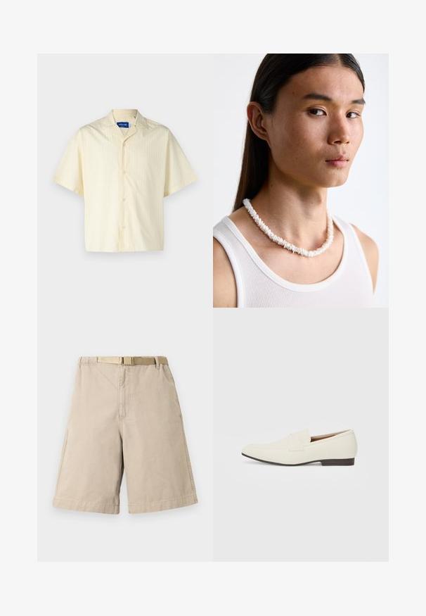 Jack & Jones JORBOXY SHIRT - Button down-skjorte - antique white; Beige bomullsshorts med belte, med en rett snitt, sidelommer og forsterkede sømmer. Glatt tekstur gjennom hele.; Lyse beige loafers med spiss tå, glatt materiale, en stropp over vampsen, og en lav brun såle. Enkel design med minimale detaljer.; Hvit skjellkjede bestående av uregelmessige former, båret over en tettsittende hvit tanktop. Glatt tekstur med subtil glans, tettsittende design.