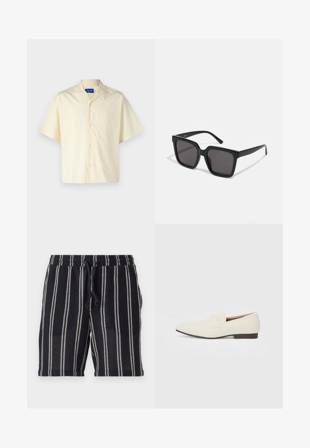 Jack & Jones JORBOXY SHIRT - Shirt - antique white; Black and white striped shorts with an elastic waistband, drawstring closure, and a textured fabric. End at mid-thigh length.; Light beige loafers with a pointed toe, smooth material, a strap across the vamp, and a low brown sole. Simple design with minimal accents.; Black square-frame sunglasses with dark tinted lenses and smooth, glossy plastic material. Arms feature a simple, elongated design.; White pearl necklace with a uniform round shape, smooth surface, and metal clasp with an extension chain for adjustable length.