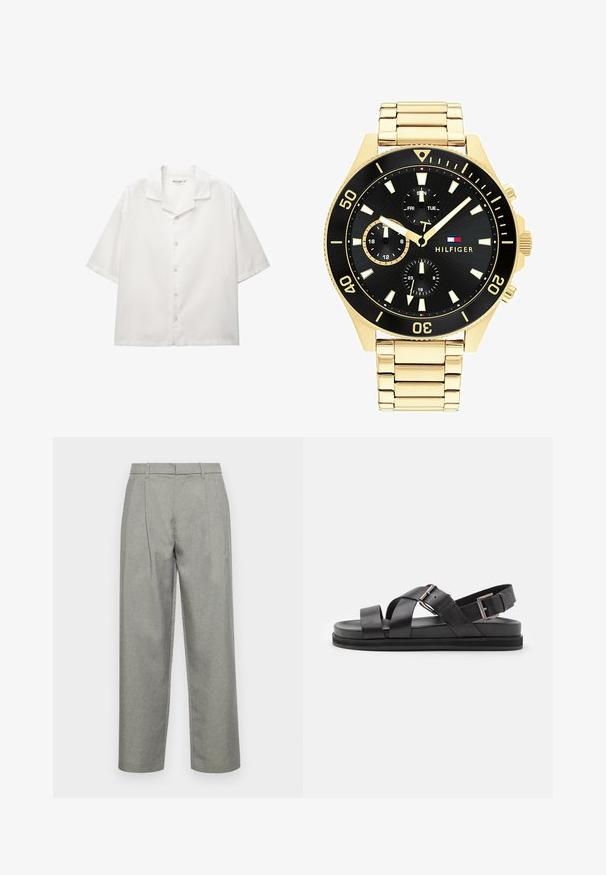 Koszula z krótkim rękawem, z rozpiętym kołnierzykiem, wykonana z białej bawełny. Posiada zapięcie na guziki z klasycznymi guzikami oraz luźny krój.; Szare dopasowane spodnie z teksturowanej tkaniny, o prostym kroju nogawki, z fałdami z przodu oraz standardowym paskiem z szlufkami.; Czarne skórzane sandały z krzyżującymi się paskami, regulowanym zapięciem, płaską podeszwą i gładką teksturą. Widok z boku.; Złototona metalowa zegarek z czarną tarczą, luminescencyjnymi znacznikami i trzema sub-tarczami. Posiada teksturowany pasek oraz logo "HILFIGER" na środku.
