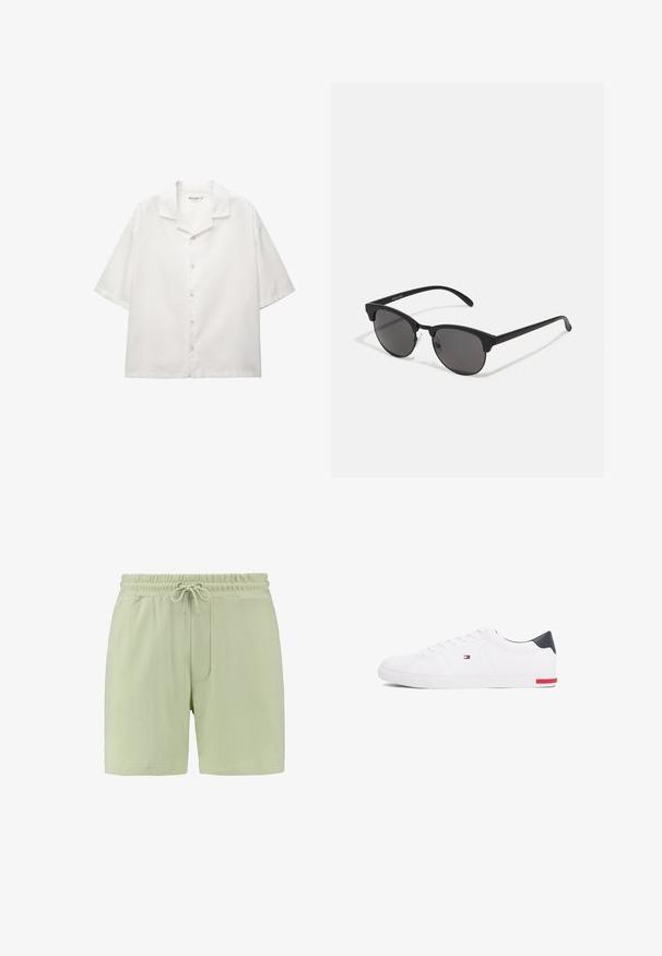 Košulja kratkih rukava, otvorenog ovratnika, izrađena od bijelog pamuka. Ima prednji dio s gumbima i ležeran kroj.; Svijetlozelene kratke hlače izrađene od mekog materijala, s elastičnim pojasom i vezicom, te bočnom džepom. Glatka tekstura, opušteni kroj.; Bijele niske tenisice od glatke kože. Imaju mornarsko plavi kapica na peti i crvenu akciju na potplatu. Šest rupica za vezivanje.; Crne sunčane naočale s okruglim lećama, mat završetkom i specifičnim oblikom mačjih očiju. Tanke naramenice s diskretnim brendiranjem na lijevom hramu.