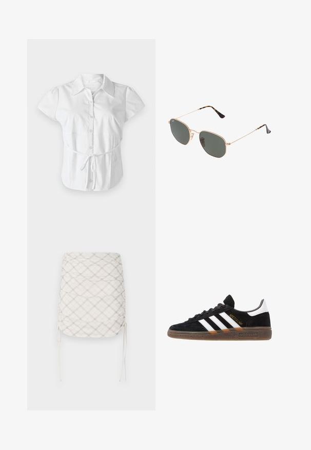 Hollister Co. SLIM SHIRTING - Chemisier - white; Jupe mini froncée en crème avec un motif à carreaux gris et beige. Caractéristiques de liens latéraux ajustables et d'un tissu lisse et texturé.; Baskets Adidas noires avec rayures blanches, inscription dorée "Spezial", semelle en gomme et languette blanche au talon, présentées en vue de profil.; Lunettes de soleil en métal doré avec des verres vert foncé, de style aviateur, dotées de branches fines et d'accents en écaille de tortue sur les embouts.; Sac à bandoulière en suede marron avec une forme incurvée et une seule sangle, affichant un logo subtil à l'avant. Le fond est blanc uni.