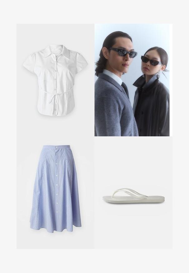 Hollister Co. SLIM SHIRTING - Blusa - white; Falda a rayas con botones en azul claro y blanco. La tela parece ligera con una textura suave; de longitud hasta la rodilla y con un diseño acampanado.; Chanclas blancas con suela texturizada, presentan tiras delgadas y un diseño plano. Fabricadas en goma con un sutil logotipo en la plantilla.; Gafas de sol con montura negra angular en un modelo con un suéter gris, mostrando un tejido texturizado y una chaqueta de cuero negra usada por otro modelo.; Bolso tote de cuero trenzado marrón con dos asas, de forma estructurada y superficie texturizada, con un patrón de diamantes en todo su diseño.; Pendientes de aro en tono dorado, con una forma alargada y elegante, un acabado pulido y un cierre de gancho seguro.