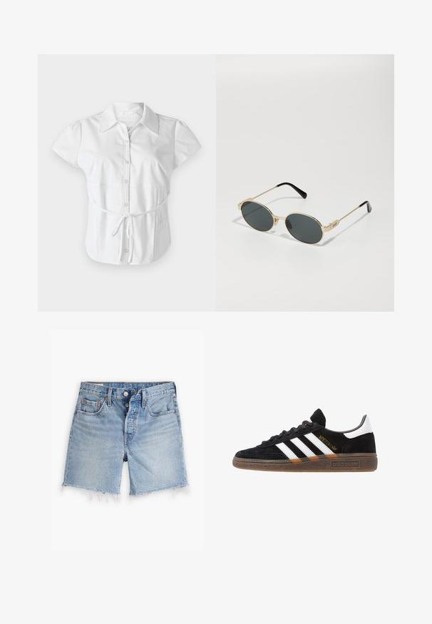 Hollister Co. SLIM SHIRTING - Blusa com botões - white; Levi's® 501® MID THIGH SHORT LW - Calções de ganga - fun flare lightweight; Sapatilha Adidas preta com riscas brancas, texto dourado "Spezial", sola de borracha e aba do calcanhar branca, apresentada em vista lateral.; Óculos de sol de metal dourado com lentes ovais e lentes escuras. Pontas em acetato preto nas hastes. Nome da marca "QUAY" na lateral.; Saco de ombro em camurça castanha, com um formato curvado e uma alça única, apresentando um logótipo discreto na frente. O fundo é branco liso.