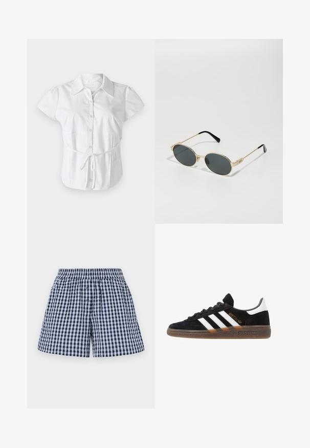 Hollister Co. SLIM SHIRTING - Blus - white; Herrboxershorts i marinblå och ljusblå gingham-mönster, tillverkade av mjuk bomull, med elastisk midja och tvåknappslå som stängning.; Svarta Adidas-sneakers med vita ränder, guld "Spezial" text, gummisulor och vit hälflik, visade i profilvy.; Guldmetallsolglasögon med ovala linser och mörkfärgade linser. Svarta acetattrutar på skalmarna. Varumärket "QUAY" på sidan.