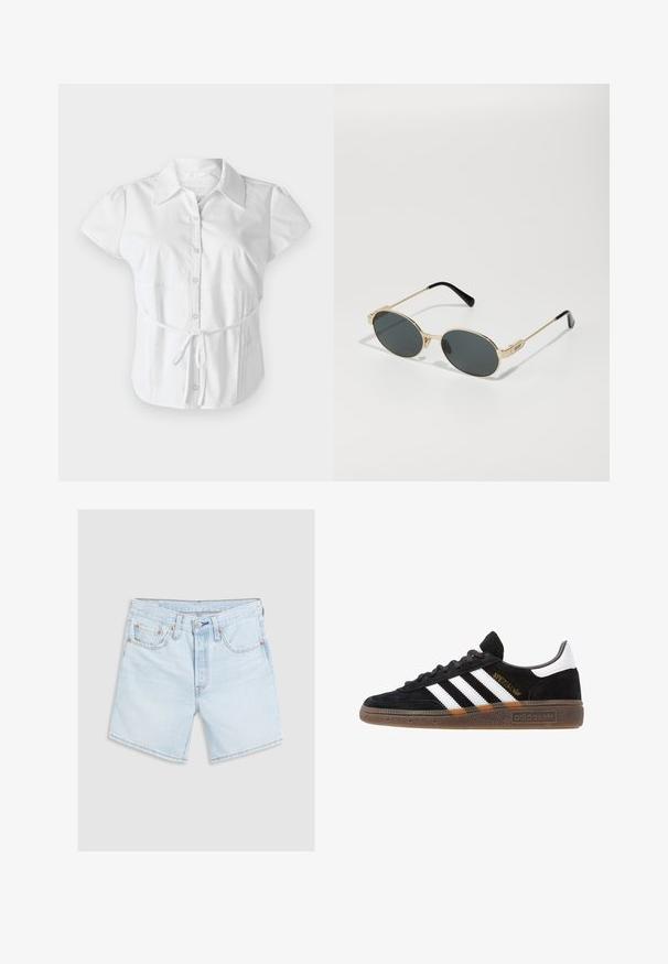 Hollister Co. SLIM SHIRTING - Blusa com botões - white; Calções de ganga de um azul claro com um acabamento desbotado. Apresenta cinco bolsos, fecho com botão e pormenores em costura laranja. Corte clássico reto.; Sapatilha Adidas preta com riscas brancas, texto dourado "Spezial", sola de borracha e aba do calcanhar branca, apresentada em vista lateral.; Óculos de sol de metal dourado com lentes ovais e lentes escuras. Pontas em acetato preto nas hastes. Nome da marca "QUAY" na lateral.; Saco de ombro em camurça castanha, com um formato curvado e uma alça única, apresentando um logótipo discreto na frente. O fundo é branco liso.