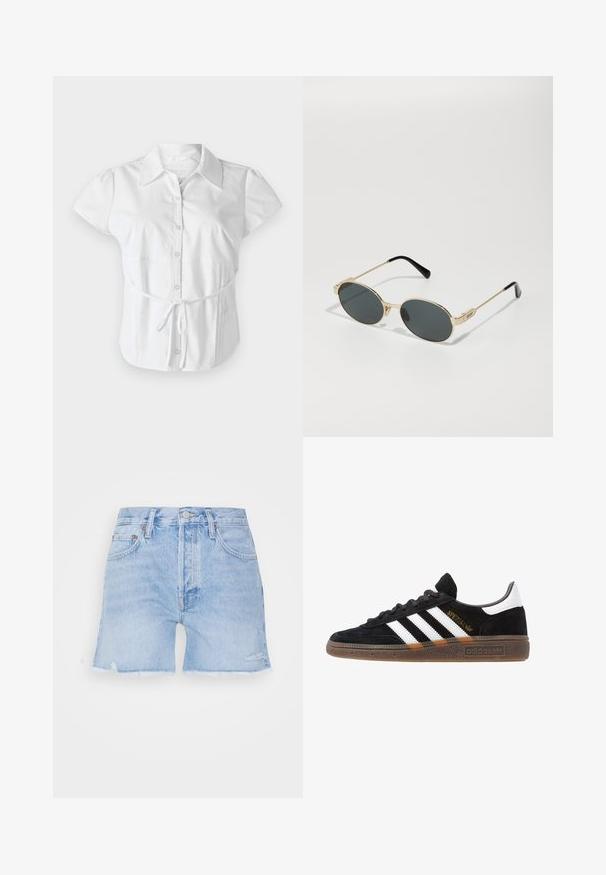 Hollister Co. SLIM SHIRTING - Bluza s gumbima - white; Traper šortsevi u svijetloplavoj boji s poderanim rubom. Imaju klasičan dizajn s pet džepova, zatvaranje na dugme i blago istrošeni materijal.; Crni Adidas tenisice s bijelim prugama, zlatnim natpisom "Spezial", gumeni potplat i bijeli oznaka na peti, prikazane u bočnom pogledu.; Zlatne metalne sunčane naočale s ovalnim lećama i tamno obojenim lećama. Crni acetatni vrhovi na krakovima. Ime brenda "QUAY" sa strane.; Smeđa antilop torba preko ramena s zakrivljenim oblikom i jednim remenom, s suptilnim logotipom sprijeda. Pozadina je jednostavna bijela.