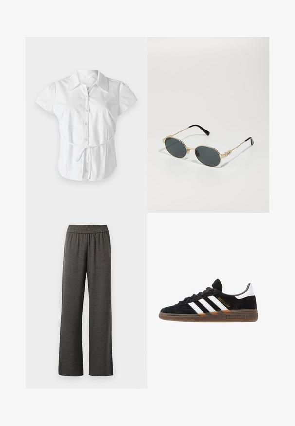 Hollister Co. SLIM SHIRTING - Paitapusero - white; Harmaat leveät housut, joissa on teksturoitu kangas, joustava vyötärö, ei taskuja, suunniteltu mukavuutta ja liikkuvuutta varten.; Mustat Adidas-nikeset, joissa on valkoiset raidat, kultaiset "Spezial"-tekstiset, kumipohja ja valkoinen kantapää, esitetty sivuprofiilissa.; Kultaiset metalliset aurinkolasit, joissa on soikeat linssit ja tummat tummennukset. Mustat asetaatista valmistetut päät karsien. Brändin nimi "QUAY" sivussa.; Ruskea mokkahuuletasku, jossa on kaareva muoto ja yksi hihna, etupuolella on hillitty logo. Tausta on yksinkertainen valkoinen.