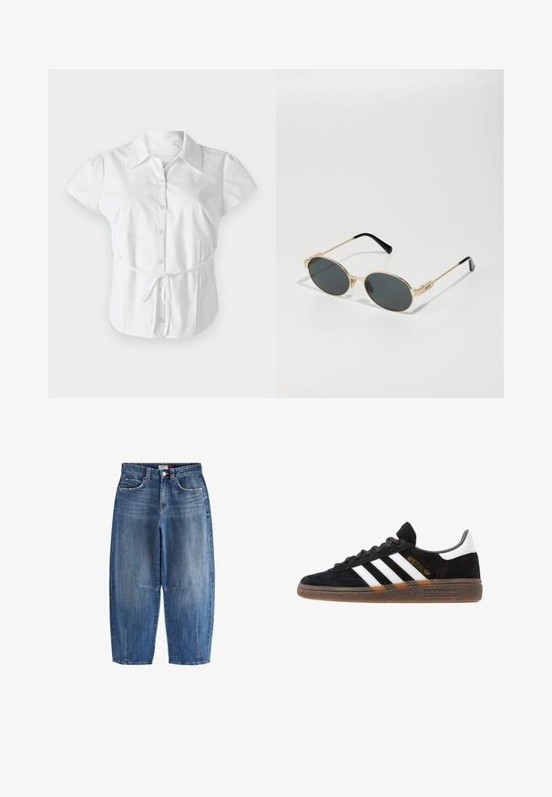 Hollister Co. - Bluzka; Dżinsy w średnim niebieskim kolorze, z wysokim stanem, skróconym, szerokim krojem, przednimi kieszeniami i widocznym przeszyciem.; Czarny sneaker Adidas z białymi paskami, złotym napisem "Spezial", gumową podeszwą i białym elementem przy pięcie, przedstawiony w widoku z profilu.; Złote metalowe okulary przeciwsłoneczne z owalnymi soczewkami i ciemnym przyciemnieniem. Czarny akrylowy akcent na końcach obręczy. Nazwa marki "QUAY" z boku.; Brązowa zamszowa torba na ramię o zakrzywionym kształcie i jednym pasku, z dyskretnym logo z przodu. Tło jest białe.