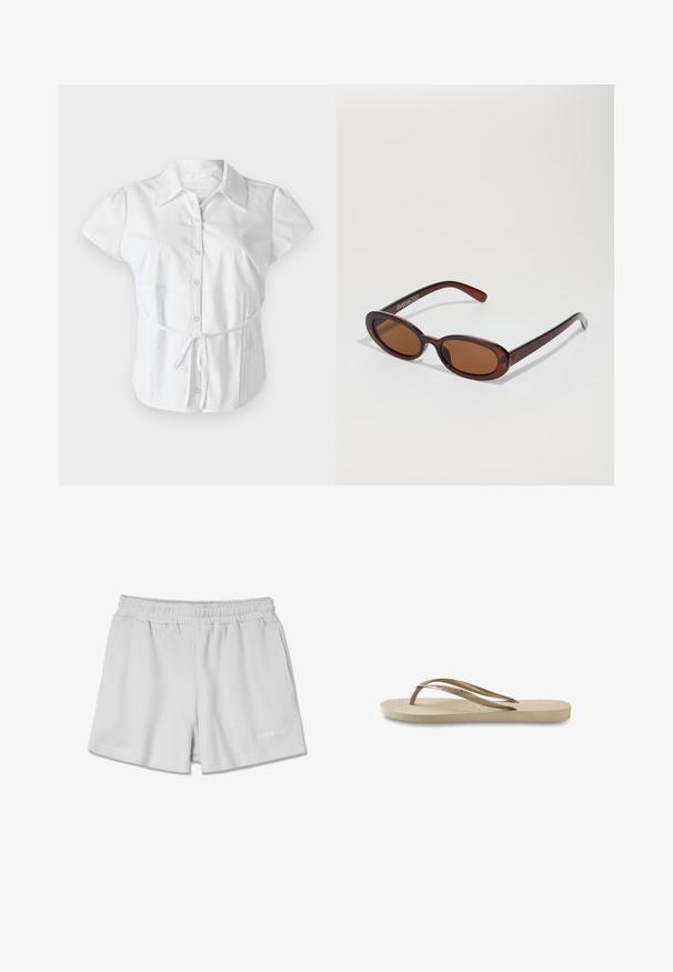 Hollister Co. SLIM SHIRTING - Gombos blúz - white; Világosszürke bordázott rövidnadrág rugalmas derékkal, két oldalsó zsebbel és egy kis fehér logóval az alsó jobb oldalon.; Világos bézs szandál, textúrázott talprészel, lapos talppal és vékony, fényes pántokkal. Diszkrét logó található a pánton.; Kerek, barna árnyalatú napszemüveg fényes burgundi kerettel. Karcsú karok diszkrét márkázással. Lapos lencse kialakítás.; Barna szövött bőrtáska, csomózott fogantyúkkal, amelyet egy személy visel világoskék farmernadrággal és fekete, vastag talpú cipővel. Simább, texturált felület.