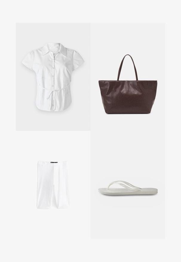 Hollister Co. SLIM SHIRTING - Chemisier - white; Leggings blancs en tissu extensible, dotés d'une taille élastique et d'une texture lisse. Pas de motifs ni de détails supplémentaires visibles.; Tong en plastique blanche avec une semelle texturée, dotée de fines brides et d'un design plat. Fabriquée en caoutchouc avec un logo discret sur le coussin de pied.; Sac à tote en cuir tressé marron avec deux poignées, une forme structurée et une surface texturée, présentant un motif en losanges sur toute sa surface.