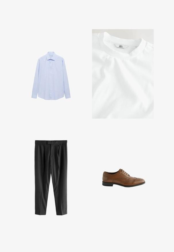 Light blue long-sleeve shirt made of woven fabric, featuring a classic collar and a full button front, with a straight cut and no patterns.; Plain white t-shirt with a close-up view of the neckline and label, displaying “NEXT EDIT.” on a light background.; Next REGULAR FIT -CHECK SMART - Chinos - black; Brown leather dress shoe with intricate broguing details, round toe, and flat heel. Features five lace eyelets and a smooth texture.