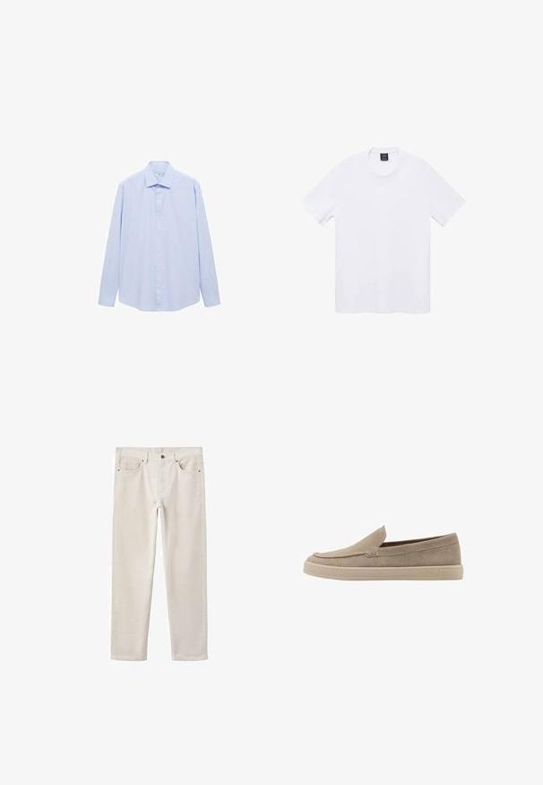 Svijetloplava košulja dugih rukava izrađena od tkanine s tkanim uzorkom, s klasičnom kragnom i punim otvorom s gumbima, ravnog kroja i bez uzoraka.; Mango Osnovna majica kratkih rukava - white; Svijetlosmeđi pamučni traperice ravnog kroja, s pet džepova, metalnim kopčanjem i suptilnom teksturom. Bez vidljivih uzoraka ili akcenta.; Bež ante stare cipele s zaobljenim vrhom, niskim profilom i teksturiranim završetkom. Ima suptilno šavlje uzduž gornjeg dijela.