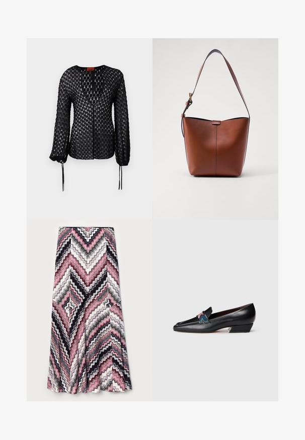 Čierna pletená blúzka s textúrovaným diamantovým vzorom, hlbokým výstrihom do V, dlhými rukávmi a nastaviteľnými šnúrkami na manžetách.; Maxi sukňa s cik-cak vzorom v ružovej, čiernej a bielej farbe, vyrobená z textúrovanej látky so rozšíreným leme.; Čierne kožené poltopánky s nízkym podpätkom a špicatou špičkou s detailom farebného vzorovaného pásika na bielom pozadí.; Hnedá kožená taška cez rameno s zakriveným tvarom, hladkou textúrou a jedným tenkým popruhom. Obsahuje jemný šev a malý logo detail.