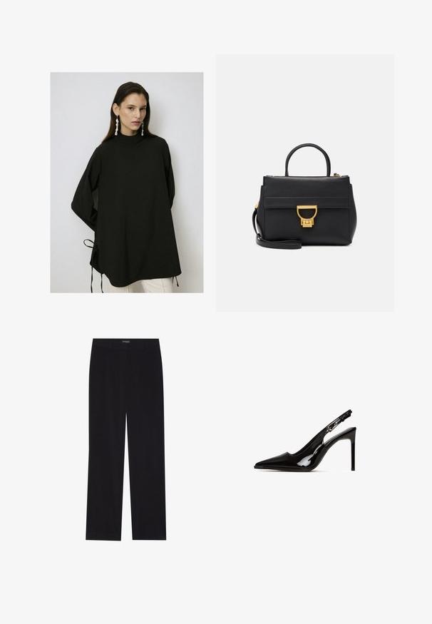 Černý oversized top vyrobený z hladké tkaniny, s vysokým výstřihem, dlouhými rukávy a bočními vazy pro nastavitelnou velikost.; Černé kordové kalhoty s rovného střihu, disponující plochým pasem a bez viditelných kapes, hladkou texturou a vertikálním žebrováním.; Černé lakované kožené lodičky na podpatku s špičatou špičkou a jehlovým podpatkem. Obsahuje výřezový design a nastavitelné zapínání s kovovými prvky.; Černá kožená kabelka se zlatými kovovými prvky, strukturovaný design, horní rukojeť, odnímatelný ramenní popruh a přední klopa s uzávěrem na sponu.