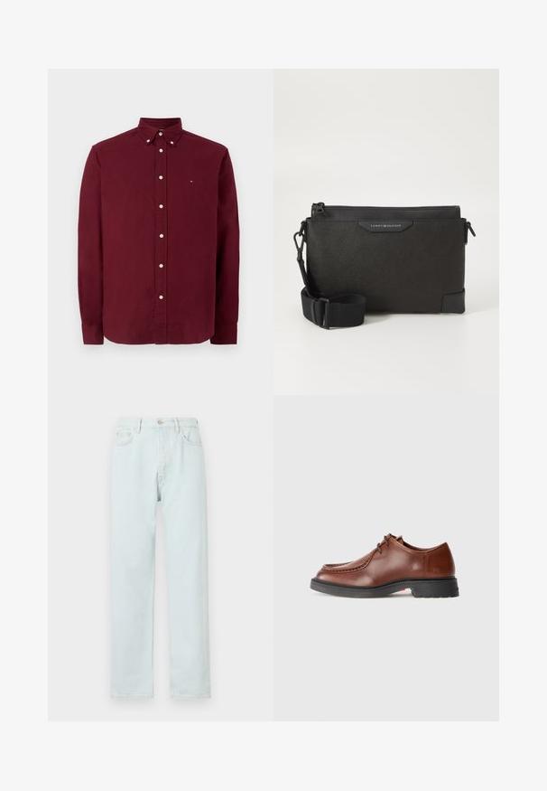 Burgundy long-sleeve shirt made of cotton, featuring a button-down collar, front button closure, and a small logo on the chest.; Light blue straight-leg jeans made of denim, featuring a button closure, subtle whiskering, and five-pocket design.; Brown leather dress shoe with a rounded toe, contrasting stitching, lace-up design, and a textured black rubber sole.; Black leather crossbody bag with a textured finish, featuring a zip closure and adjustable strap. Logo patch on the front. Rectangular shape.