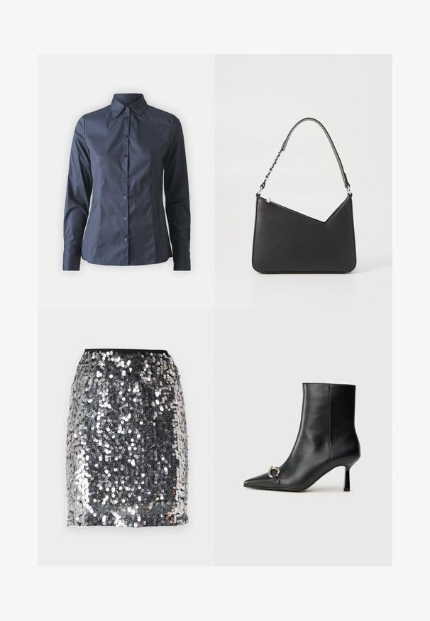 Námornícky modrá košeľa s dlhými rukávmi, s gombíkmi na prednej strane, s špicatým golierom a prispôsobeným strihom. Vyrobená z hladkej, ľahkej tkaniny.; Strieborná trblietavá mini sukňa s priliehavým čiernym pásom. Vyniká lesklou, reflexnou textúrou a vlnitým vzorom na povrchu.; Čierna kožená členková obuv s špicatou špičkou, štíhlým stredne vysokým podpätkom a striebornou sponou na boku na jednoduchom pozadí.; Čierna kožená kabelka trojuholníkového tvaru so štíhlym popruhom a striebornými kovovými prvkami. Obsahuje zips na uzatváranie a embosované logo na prednej strane.