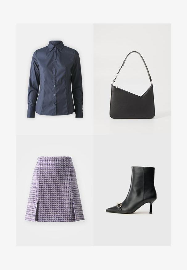 Tamsiai mėlynas ilgomis rankovėmis marškinys su sagomis priekyje, smailiu apykaklės dizainu ir pritaikytu siluetu. Pagamintas iš lygaus, lengvo audinio.; Violetinis šveistas sijonas su geometriniu raštu, turintis prigludusią juosmenį ir du šoninius įpjovimus judėjimui. Strukturizuota paviršių su tvirtu siluetu.; Juodas odinis apavas iki kulkšnies su smailiu nosiu, plonu vidutinio aukščio kulnu ir sidabriniu sagties akcentu šone, prieš paprastą foną.; Juodos odos rankinė trikampio formos, su siauru dirželiu ir sidabriniais aksesuarais. Yra užtrauktuko uždarymas ir iškilmingas logotipas priekyje.