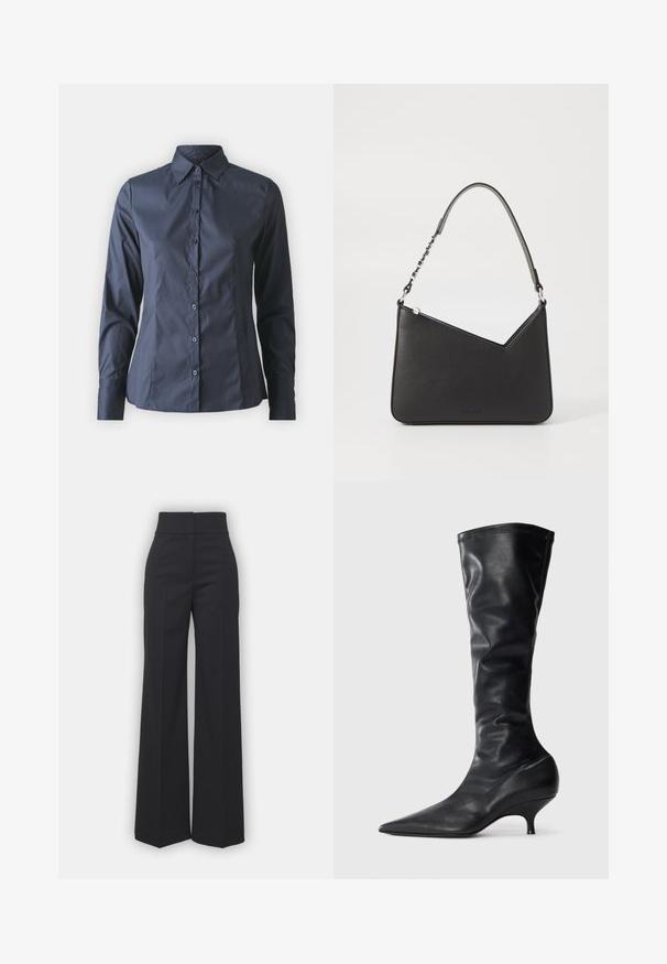Marinblå långärmad skjorta med knäppning framtill, spetsig krage och skräddarsydd passform. Tillverkad av smidig, lätt tyg.; Vida byxor i svart tyg med hög midja, med en ren finish och mjuk textur. Ingen synlig hårdvara eller mönster.; Svart läder höga stövlar med spetsig tå och en smal, böjd klack. Mjuk textur och slät yta med minimala sömnadsdetaljer.; Svart läderhandväska med triangulär form, en smal rem och silverfärgad hårdvara. Har dragkedjestängning och logotyp prägling på framsidan.