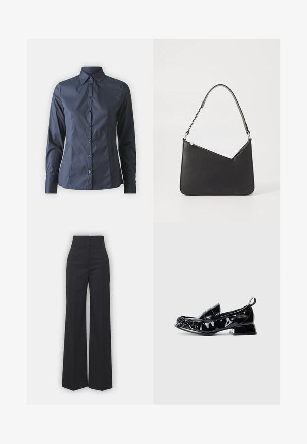 Tumši zila garām piedurknēm kreklis ar pogām priekšpusē, norādītas apkakles un pieguļošs griezums. Izgatavots no gludas, vieglas auduma.; Melni plaša kāju bikses ar augstu jostasvietu, kurām ir tīra apdare un gluda tekstūra. Nav redzamu detaļu vai rakstu.; Melnas lakotās ādas loafer kurpes ar kvadrātu purngali, savalkātām detaļām, zemu bloku papēdi un cilpu aizmugurē uz balta fona.; Melnas ādas rokassomiņa ar trīsstūra formu, šaura siksna un sudraba aksesuāri. Izstrādājumam ir rāvējslēdzēja aizdare un reljefs logotips priekšpusē.