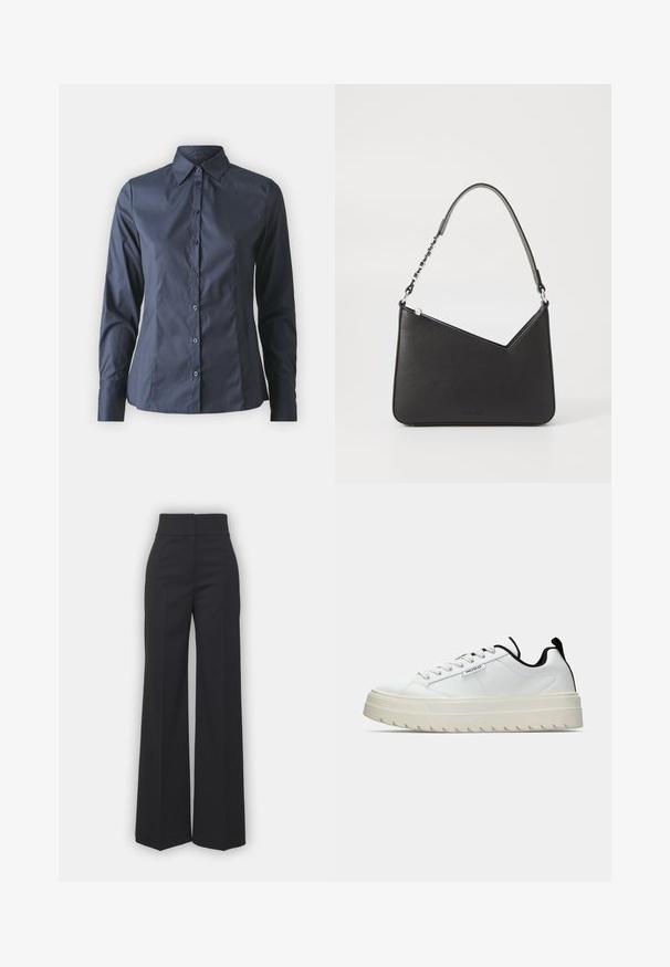 Camisa de manga larga azul marino con cierre de botones en el frente, cuello puntiagudo y un corte ajustado. Fabricada con un tejido suave y ligero.; Pantalones de pierna ancha en tejido negro con una cinturilla alta, presentando un acabado limpio y una textura suave. Sin herrajes ni patrones visibles.; Zapatilla de cuero blanca con una suela gruesa y texturizada de diseño serrado. Los acentos negros en el talón y la lengüeta añaden contraste.; Bolso de mano de piel negra con forma triangular, una correa delgada y herrajes plateados. Cuenta con un cierre de cremallera y un logo en relieve en la parte frontal.