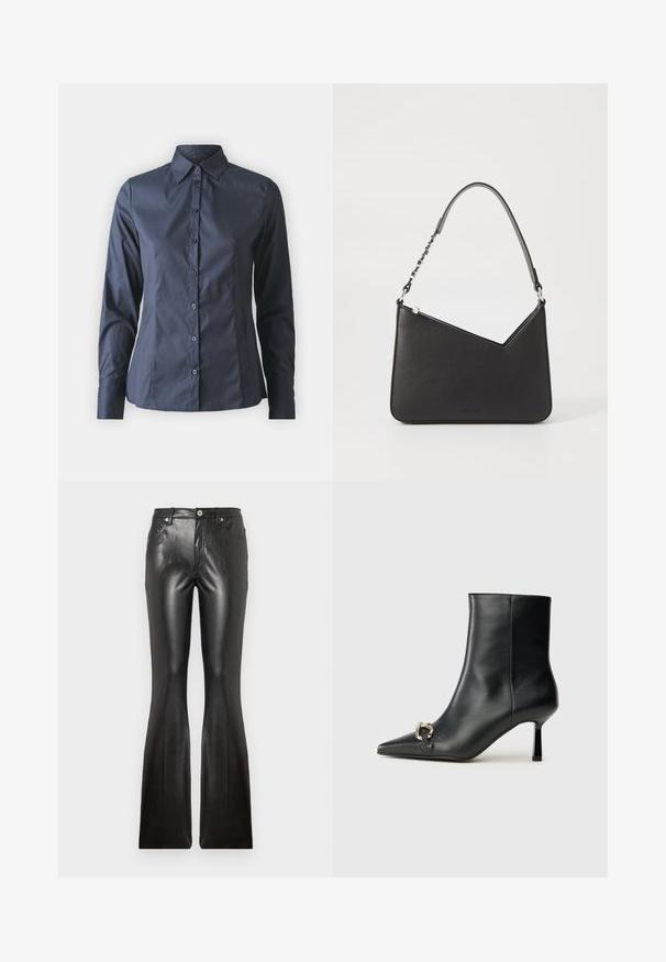 Marineblaues Langarmhemd mit Knopfverschluss vorne, spitzem Kragen und taillierter Passform. Hergestellt aus glattem, leichtem Stoff.; Schwarze Leder-Hosen mit weitem Bein, die über eine glatte Textur, fünf Taschen, einen Frontknopfverschluss und eine schmale Silhouette an den Oberschenkeln verfügen.; Schwarze Leder-Stiefelette mit spitzer Zehe, schlankem, mittelhohem Absatz und silberner Schnalle seitlich vor einem schlichten Hintergrund.; Schwarze Lederhandtasche in dreieckiger Form, mit schmalem Tragegurt und silbernem Zubehör. Sie verfügt über einen Reißverschluss und ein geprägtes Logo auf der Vorderseite.