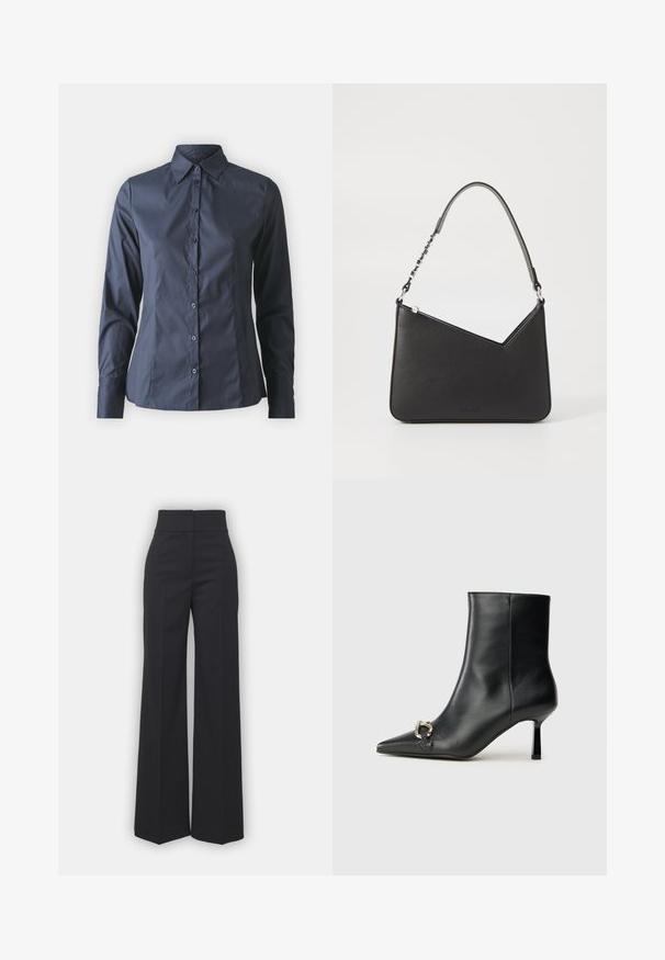 Marinblå långärmad skjorta med knäppning framtill, spetsig krage och skräddarsydd passform. Tillverkad av smidig, lätt tyg.; Vida byxor i svart tyg med hög midja, med en ren finish och mjuk textur. Ingen synlig hårdvara eller mönster.; Svart läderankelboot med spetsig tå, smal medelhög klack och silverfärgad spänndetalj på sidan mot en enfärgad bakgrund.; Svart läderhandväska med triangulär form, en smal rem och silverfärgad hårdvara. Har dragkedjestängning och logotyp prägling på framsidan.