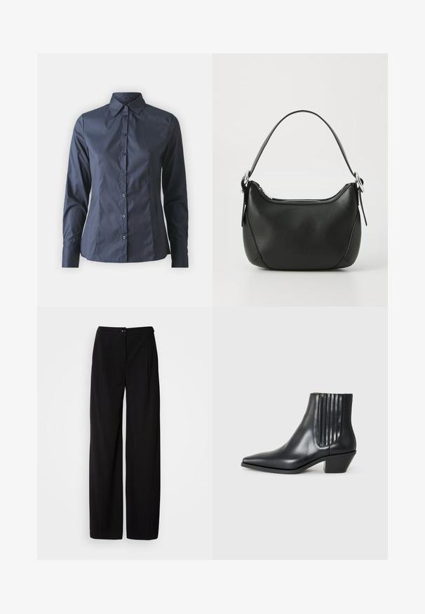 Mørkeblå langærmet skjorte med knaplukning foran, spidse kraver og en skræddersyet pasform. Fremstillet af glat, letvægtigt stof.; Sorte brede bukser i en glat, vævet stof; med knaplukning og plissemønster for en struktureret silhuet.; Sorte læder ankelstøvle med spids tå, elastiske sidepaneler med lodrette riller og en lav blokhæl. Glat tekstur og slankt design.; Sort læderhandtaske med en buet form, sølv lynlås og et kort håndtag. Har et diskret logo på forsiden og en glat tekstur.