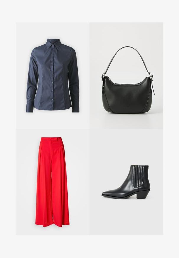 Camisa de manga larga azul marino con cierre de botones en el frente, cuello puntiagudo y un corte ajustado. Fabricada con un tejido suave y ligero.; Pantalones de pierna ancha rojos, hechos de una tela suave, con pliegues frontales, cintura plana y un corte entallado. El diseño realza una silueta fluida.; Bota de cuero negra de tobillo con punta afilada, paneles laterales elásticos con ranuras verticales y un tacón bajo y cuadrado. Textura suave y diseño elegante.; Bolso de mano de cuero negro con forma curvada, cremallera plateada y un asa corta. Presenta un logotipo sutil en la parte frontal y una textura suave.