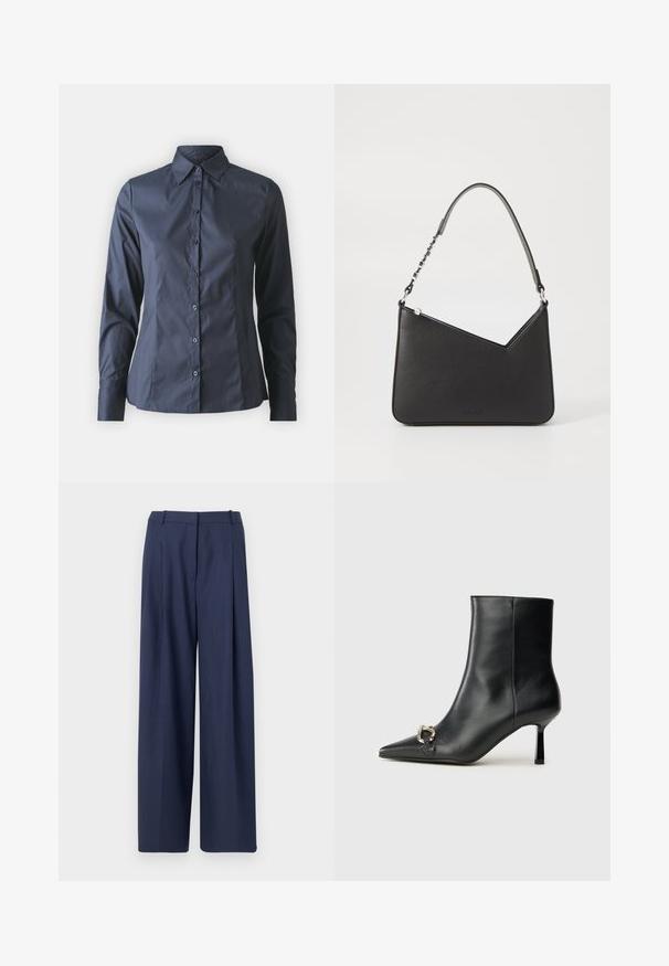 Camisa de manga longa azul-escura com fecho à frente por botões, gola pontiaguda e um corte ajustado. Feita de tecido suave e leve.; Calças largas azul-marinho feitas de tecido texturizado, com frente pregueada e uma cintura estruturada com passantes para cinto.; Bota preta de couro até ao tornozelo com bico apontado, salto slim de altura média e detalhe em fivela prateada de lado, contra um fundo simples.; Bolsa de couro preta com formato triangular, alça fina e detalhes em metal prateado. Apresenta um fecho com zíper e logótipo em relevo na parte frontal.