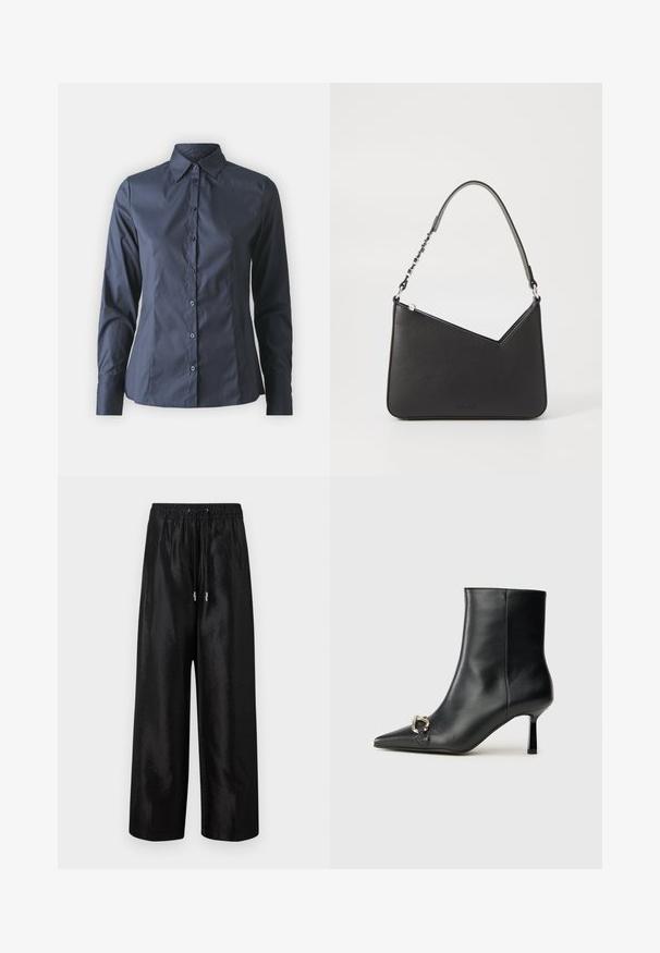 Marineblauwe shirt met lange mouwen, knoopsluiting aan de voorkant, puntkraag en een getailleerde pasvorm. Gemaakt van soepel, lichtgewicht stof.; Zwarte wijde broek van glanzende stof met een elastische tailleband en trekkoord, voorzien van accenten van zilverkleurig hardware.; Zwarte leren enkelboot met spitse neus, slanke middenhoge hak en zilveren gespdetail aan de zijkant op een effen achtergrond.; Zwart leren handtas met een driehoekige vorm, een slanke strap en zilveren hardware. Voorzien van een ritssluiting en een reliëflogo op de voorkant.