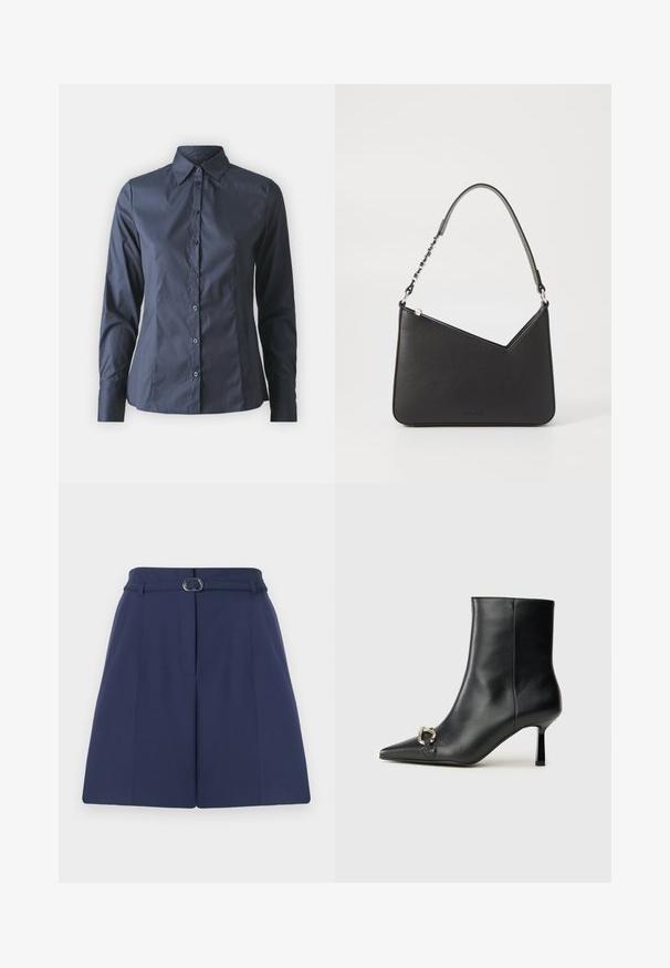 Marineblauwe shirt met lange mouwen, knoopsluiting aan de voorkant, puntkraag en een getailleerde pasvorm. Gemaakt van soepel, lichtgewicht stof.; Navyblauwe op maat gemaakte shorts met een riem, voorzien van een riemlus, geplooide details en een gladde stofstructuur. Standaard rechte snit.; Zwarte leren enkelboot met spitse neus, slanke middenhoge hak en zilveren gespdetail aan de zijkant op een effen achtergrond.; Zwart leren handtas met een driehoekige vorm, een slanke strap en zilveren hardware. Voorzien van een ritssluiting en een reliëflogo op de voorkant.