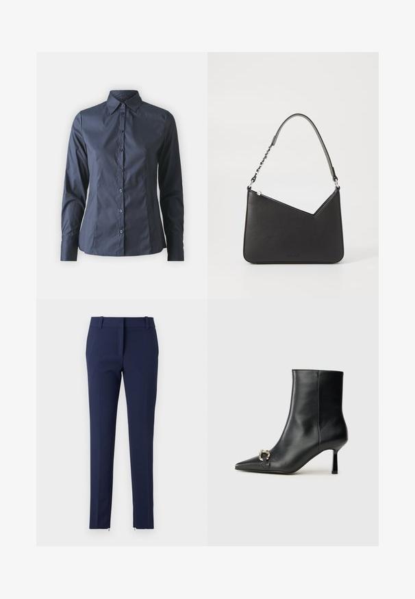 Marineblå langermet skjorte med knappestolpe foran, spiss krage og skreddersydd passform. Laget av glatt, lett stoff.; Marineblå bukser med slank passform, lavet af struktureret stof. Har en flad front, bælteholdere og lynlåse ved kanten for ekstra detalje.; Sorte lær ankle boot med spiss tå, slank mid-høyde hæl og sølvspenne på siden mot en enkel bakgrunn.; Svart lærveske med trekantet form, en slank stropp og sølvfarget detaljer. Har glidelåslukking og preget logo på forsiden.