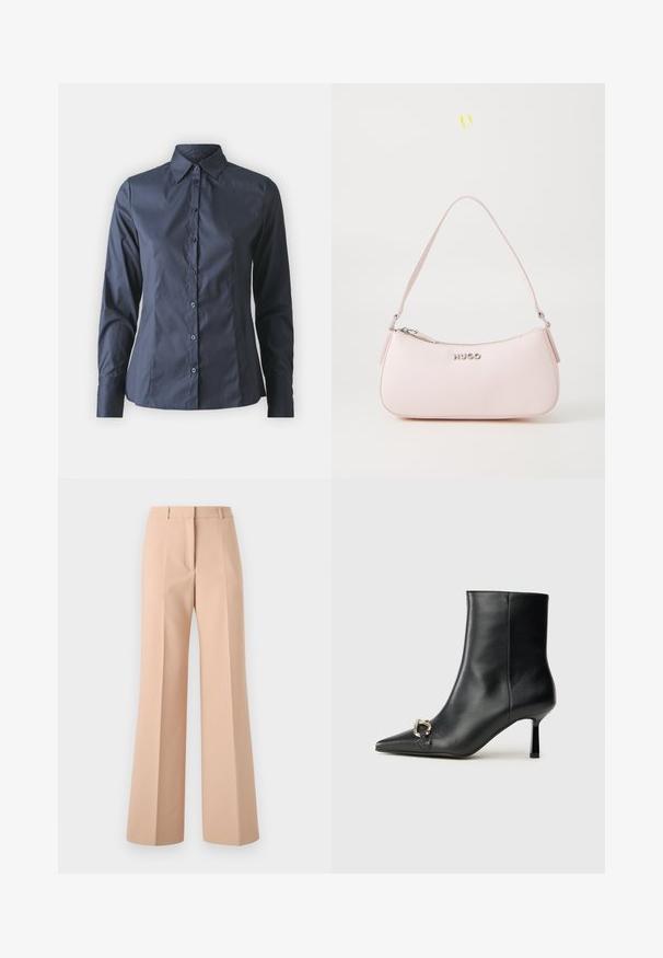 Navy blue long-sleeve shirt with button-up front, pointed collar, and a tailored fit. Made of smooth, lightweight fabric.; Beige, high-waisted trousers with a wide-leg design. Made from smooth fabric, featuring front pleats and a clean waistband.; Black leather ankle boot with pointed toe, slim mid-height heel, and silver buckle detail on side against plain background.; Pink leather handbag with a curved design, zipper closure, and a shoulder strap. Features a silver logo at the front.