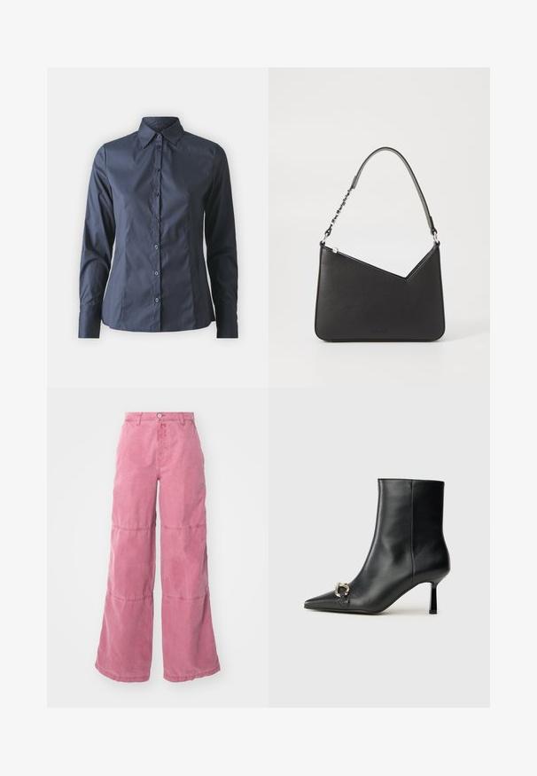 Námornícky modrá košeľa s dlhými rukávmi, s gombíkmi na prednej strane, s špicatým golierom a prispôsobeným strihom. Vyrobená z hladkej, ľahkej tkaniny.; Ružové nohavice s širokými nohavicami vyrobené z bavlny, s vyblednutým vzhľadom. Dva horizontálne švy vytvárajú výrazný dizajn panelov. Predné zapínanie na gombík.; Čierna kožená členková obuv s špicatou špičkou, štíhlým stredne vysokým podpätkom a striebornou sponou na boku na jednoduchom pozadí.; Čierna kožená kabelka trojuholníkového tvaru so štíhlym popruhom a striebornými kovovými prvkami. Obsahuje zips na uzatváranie a embosované logo na prednej strane.