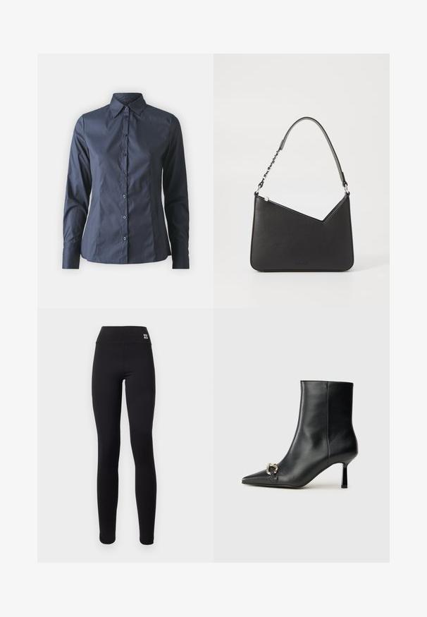 Granatowa, długoskalowa koszula z zapięciem na guziki z przodu, zakończona szpiczastym kołnierzykiem i dopasowanym krojem. Wykonana z gładkiego, lekkiego materiału.; Czarne legginsy z wysokim stanem z logotypem "HUGO" w kolorze białym. Wykonane z gładkiego, elastycznego materiału, zaprojektowane z myślą o komforcie i dopasowaniu.; Czarny skórzany botek za kostkę z szpiczastym noskiem, smukłym średnim obcasem i srebrnym zapięciem po boku na jednolitym tle.; Czarna skórzana torebka o trójkątnym kształcie, z cienkim paskiem i srebrnymi elementami. Posiada zamek błyskawiczny oraz wytłoczone logo z przodu.