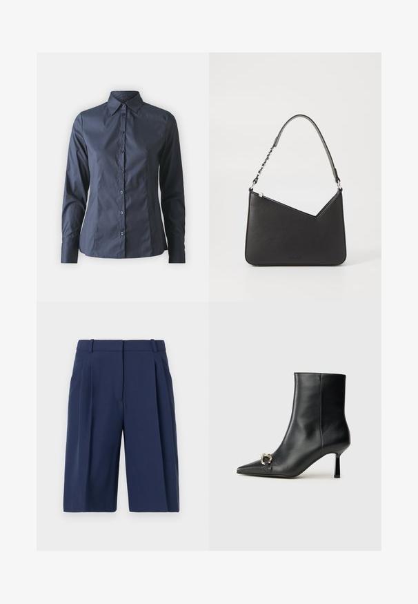 Laivansinis pitkähihaine paita, jossa on nappisuljenta edessä, terävä kaulus ja muotoiltu malli. Valmistettu sileästä, kevyestä kankaasta.; Tummansininen lyhyet housut, joissa on räätälöity malli, laskostettu etuosa, vyölenkit ja sileä kangas, polveen ulottuva malli.; Musta nahkasaapas nilkkapituisilla, terävillä kärjillä, hoikalla keskipituisella korolla ja hopeavöillä sivussa yksinkertaista taustaa vasten.; Musta nahkakäekott kolmnurga kujuga, peene rihmaga ja hõbedaste detailidega. Omab lukuga sulgemist ja esiküljel on reljeefne logo.