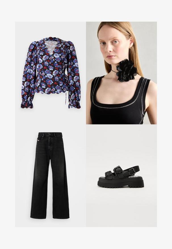 Črna cvetna bluza z modrimi in rdečimi cvetovi, valovit izrez, dolgi naborki in zaveze v pasu. Lahka tkanina.; Široke črne denim hlače z visokim pasom, ki imajo zaponko, sprednje žepe in obrabljen videz.; Črne platformne sandale s tremi nastavljivimi zaponkami, teksturiranim podplatom in gladkim zgornjim delom. Oblikovane z robustno, masivno silhueto.; Črna cvetna choker ovratnica iz plastičenih cvetnih listov, oblečena z črnim rebrastim topom, ki ima srebrne detajle ob izrezu in ramenih.