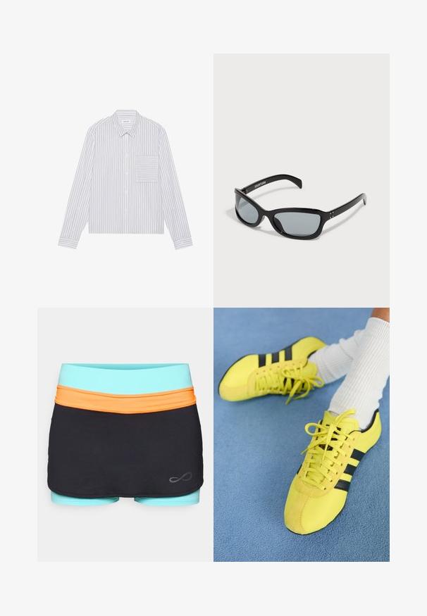 Camisa branca de botões com finas riscas verticais cinzas. Apresenta um bolso com aba à esquerda, colarinho clássico e mangas compridas.; Endless SKIRT RACE - Saia desportiva - black; Sapatos deportivos amarelos brilhantes com riscas e atacadores pretos; apresentam um cabedal texturizado e detalhes em camurça. Usados com meias brancas caneladas.; Óculos de sol pretos com um design elegante e angular. Apresenta lentes cinzas e armações de plástico brilhantes. Inclui pequenos detalhes em metal e marcação no braço.