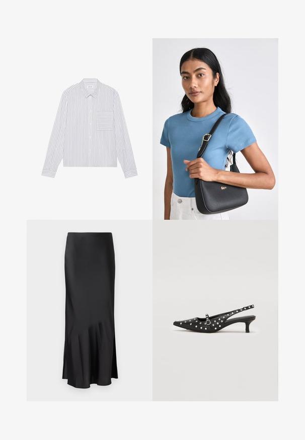 Bílá košile na knoflíky s tenkými šedými vertikálními pruhy. Obsahuje náprsní kapsu na levé straně, klasický límec a dlouhé rukávy.; Černá saténová midi sukně s elegantním designem, která má mírný rozšířený lem a boční rozparek pro pohodlný pohyb. Hladká textura.; Černé slingback boty s špičatou špičkou, zdobené stříbrnými hroty, se střídmým podpatkem a detailním zapínáním na přezku.; Černá texturovaná kabelka s zakřiveným tvarem, doplněná zlatým logem, spárovaná s proužkovaným světle modrým tričkem s krátkým rukávem a bílými kalhotami.