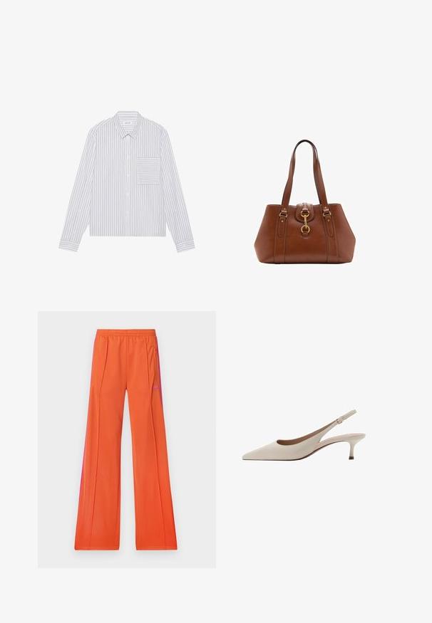 White button-up shirt with thin grey vertical stripes. Features a patch pocket on the left, classic collar, and long sleeves.; adidas Originals FIREBIRD - Tracksuit bottoms - orange/semi lucid fuchsia; Beige slingback heels with a pointed toe and a low, flared heel. Made from smooth leather with a minimalistic design and adjustable strap.; Brown leather handbag with dual straps, a rounded shape, gold hardware, and a central buckle detail. Smooth texture with stitched accents.