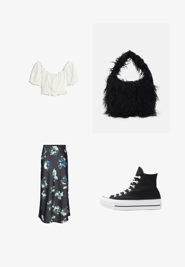 Valkoinen lyhythihainen pusero, jossa on puffit ja elastiset röyhelökaulukset, vyötärö ja hihansuut.; Tumma midi-hame, jossa on abstrakteja sinisiä ja valkoisia kukkakuoseja, sileä kangas ja hieman levenevä helma.; Korkean ylösulkeutuvan mustan kankaan lenkkitossun, jossa on valkoiset rei'itykset, nauhat ja kumipohja. Sisältää teksturoituneen kärkitilan ja musta-valkoiset raidat.; Even&Odd Shopping bag - black
